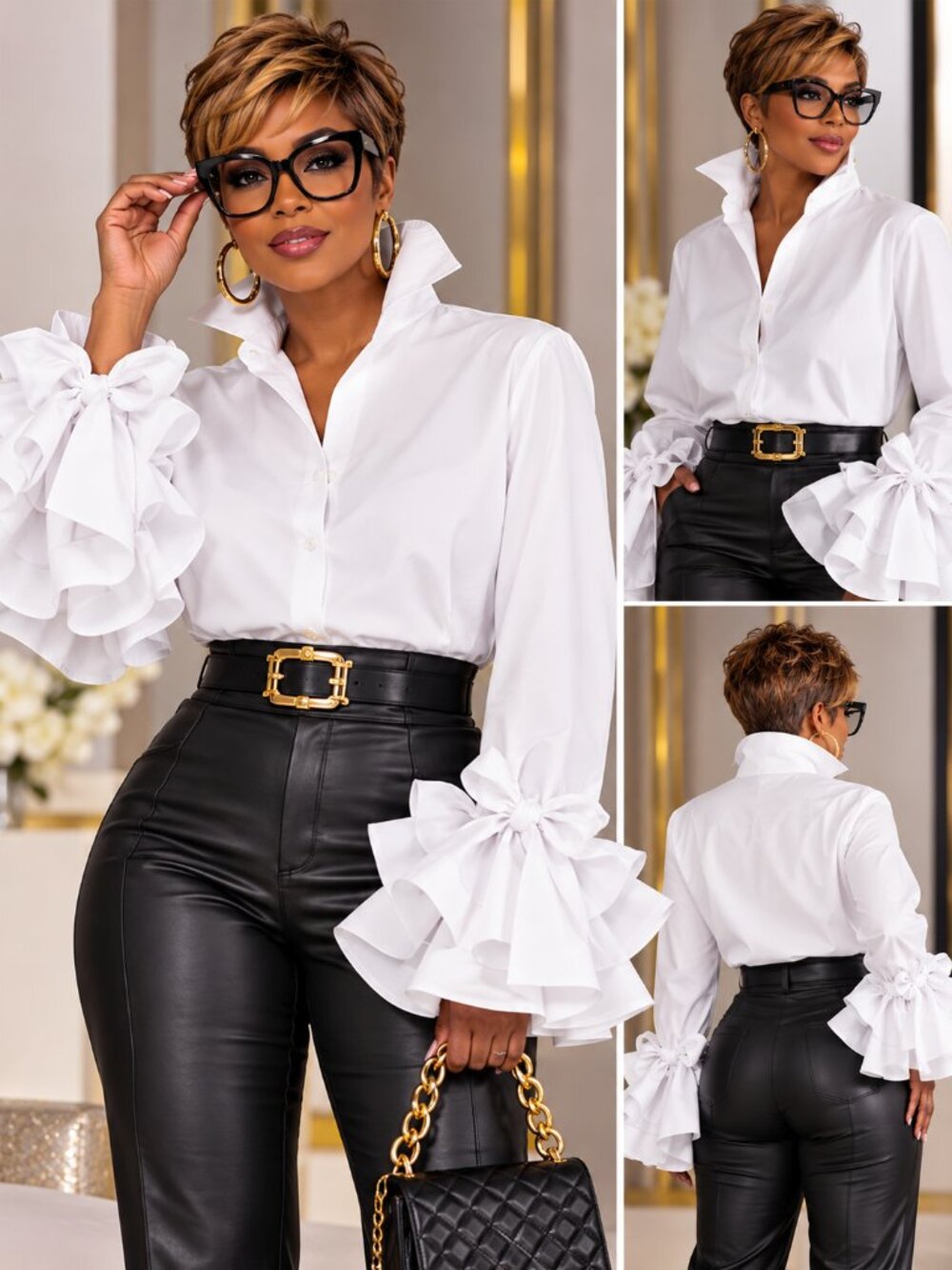 Plus Size White Statement Ruffle Cuff Button Blouse Bow Sleeves - Picture 4 of 8